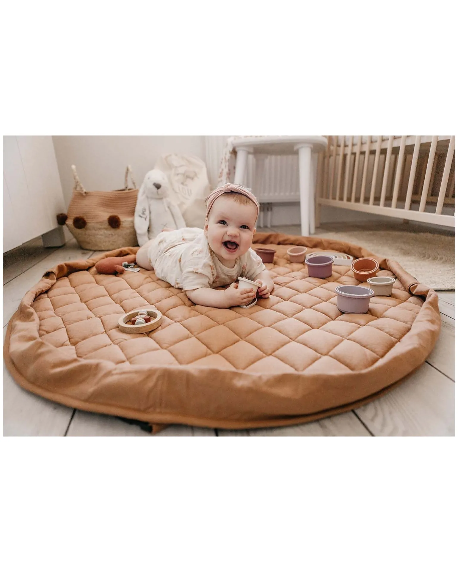 Sacco Portagiochi e Tappeto Gioco Imbottito 2 in 1 Soft Cotone Biologico - Marrone Aranciato