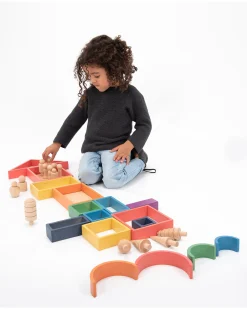 Set Architetto in Legno Massello di Faggio - Arcobaleno - 28 Pezzi - 12m+