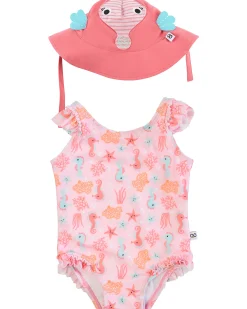 Set Baby 2 Pezzi - Costume Intero con Volant + Cappellino - UPF 50+ - Sally il Cavalluccio Marino
