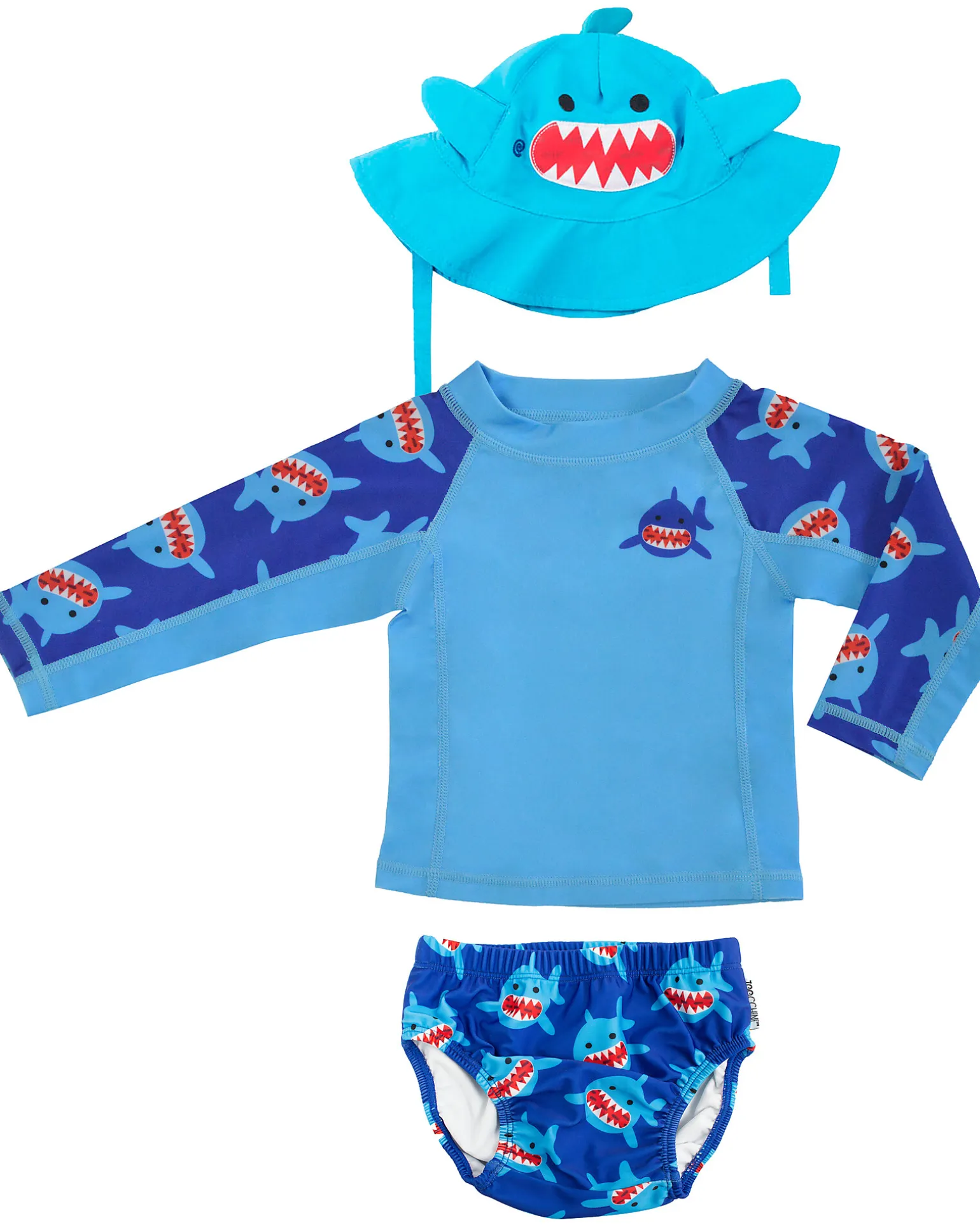 Set Baby 3 Pezzi - Rash Guard Top + Costumino Contenitivo + Cappellino - UPF 50+ - Sherman lo Squalo