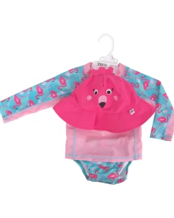 Set Baby 3 Pezzi - Rash Guard Top + Costumino Contenitivo + Cappellino - UPF 50+ - Franny il Fenicottero