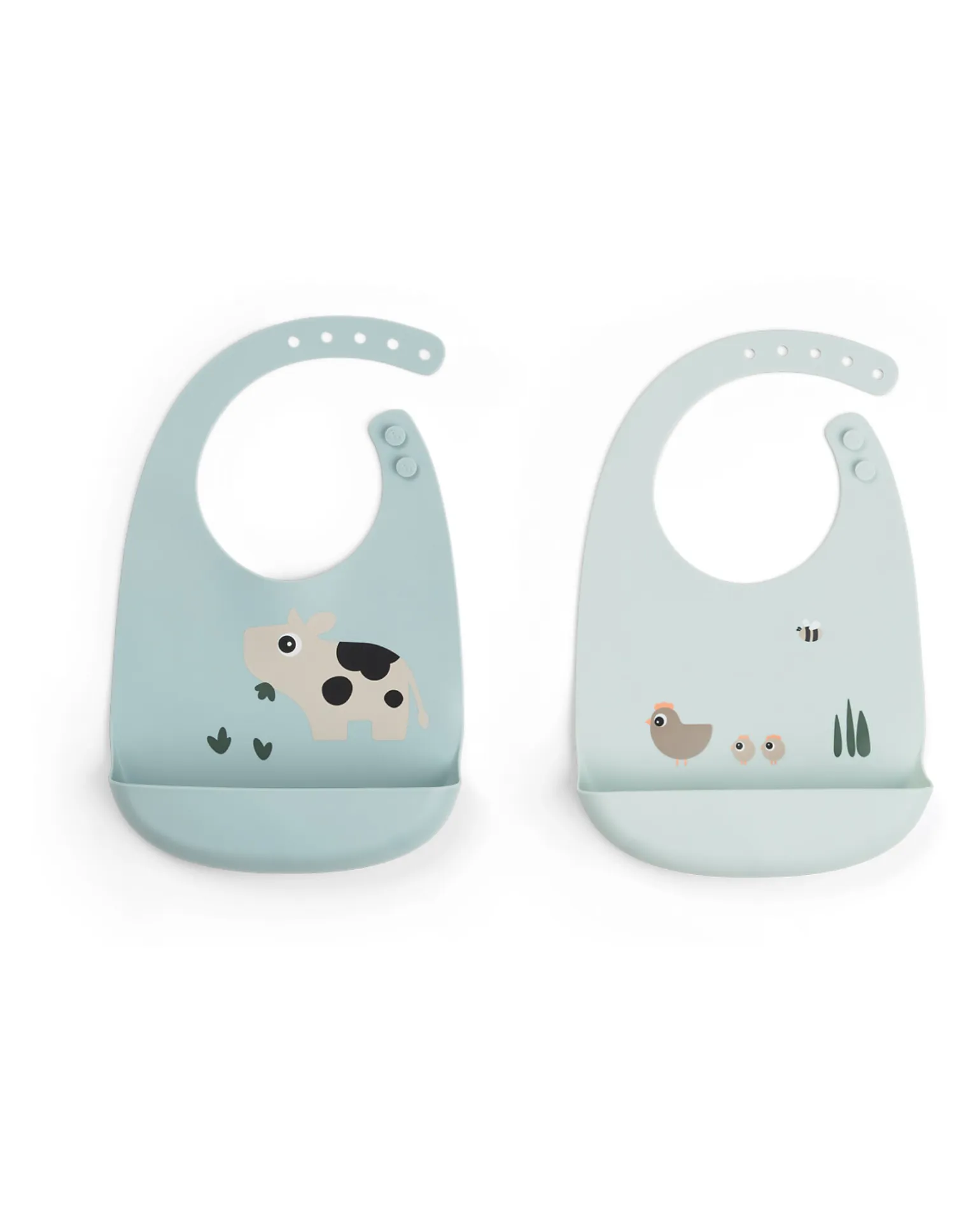 Set 2 Bavagli Impermeabili - Tiny Farm - Blu - 100% Silicone Alimentare - con Tasca
