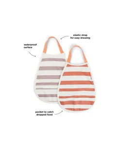 Set 2 Bavaglini Impermeabili a Strisce - Papaya e Cipria - con Tasca!