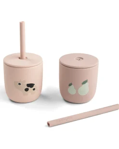Set 2 Bicchieri con Tappo e Cannuccia 120 ml - Tiny Farm - Cipria - 100% Silicone Alimentare - 12m+