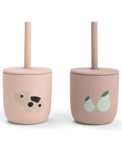 Set 2 Bicchieri con Tappo e Cannuccia 120 ml - Tiny Farm - Cipria - 100% Silicone Alimentare - 12m+