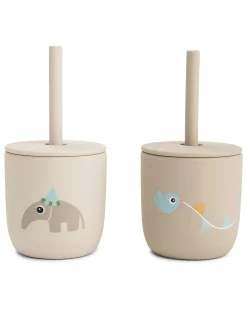 Set 2 Bicchieri con Tappo e Cannuccia 120 ml - Celebration - Sabbia - 100% Silicone Alimentare - 12m+
