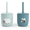 Set 2 Bicchieri con Tappo e Cannuccia 120 ml - Tiny Farm - Blu - 100% Silicone Alimentare - 12m+
