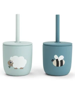 Set 2 Bicchieri con Tappo e Cannuccia 120 ml - Tiny Farm - Blu - 100% Silicone Alimentare - 12m+