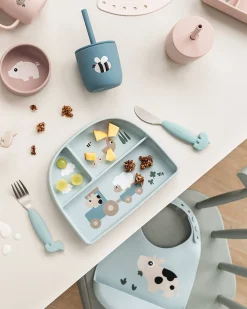 Set 2 Bicchieri con Tappo e Cannuccia 120 ml - Tiny Farm - Blu - 100% Silicone Alimentare - 12m+