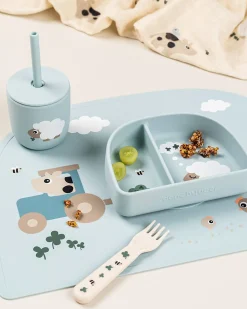 Set 2 Bicchieri con Tappo e Cannuccia 120 ml - Tiny Farm - Blu - 100% Silicone Alimentare - 12m+