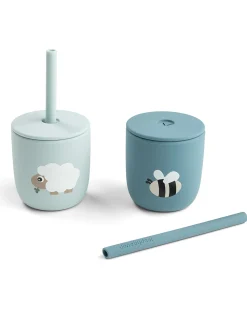 Set 2 Bicchieri con Tappo e Cannuccia 120 ml - Tiny Farm - Blu - 100% Silicone Alimentare - 12m+