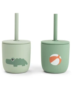 Set 2 Bicchieri con Tappo e Cannuccia 120 ml - Playground - Verde - 100% Silicone Alimentare - 12m+