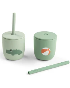 Set 2 Bicchieri con Tappo e Cannuccia 120 ml - Playground - Verde - 100% Silicone Alimentare - 12m+