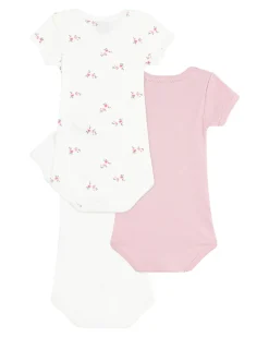 Set 3 Body a Maniche Corte - Azzurro e Bianco - Fiori - 100% Cotone