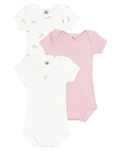 Set 3 Body a Maniche Corte - Azzurro e Bianco - Fiori - 100% Cotone
