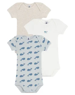 Set 3 Body a Maniche Corte - Beige e Bianco - Balene - 100% Cotone