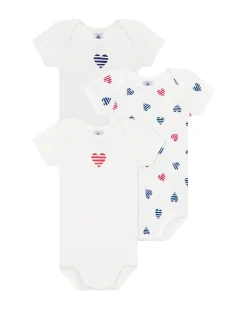 Set 3 Body a Maniche Corte - Bianco - Cuori a righe - 100% Cotone