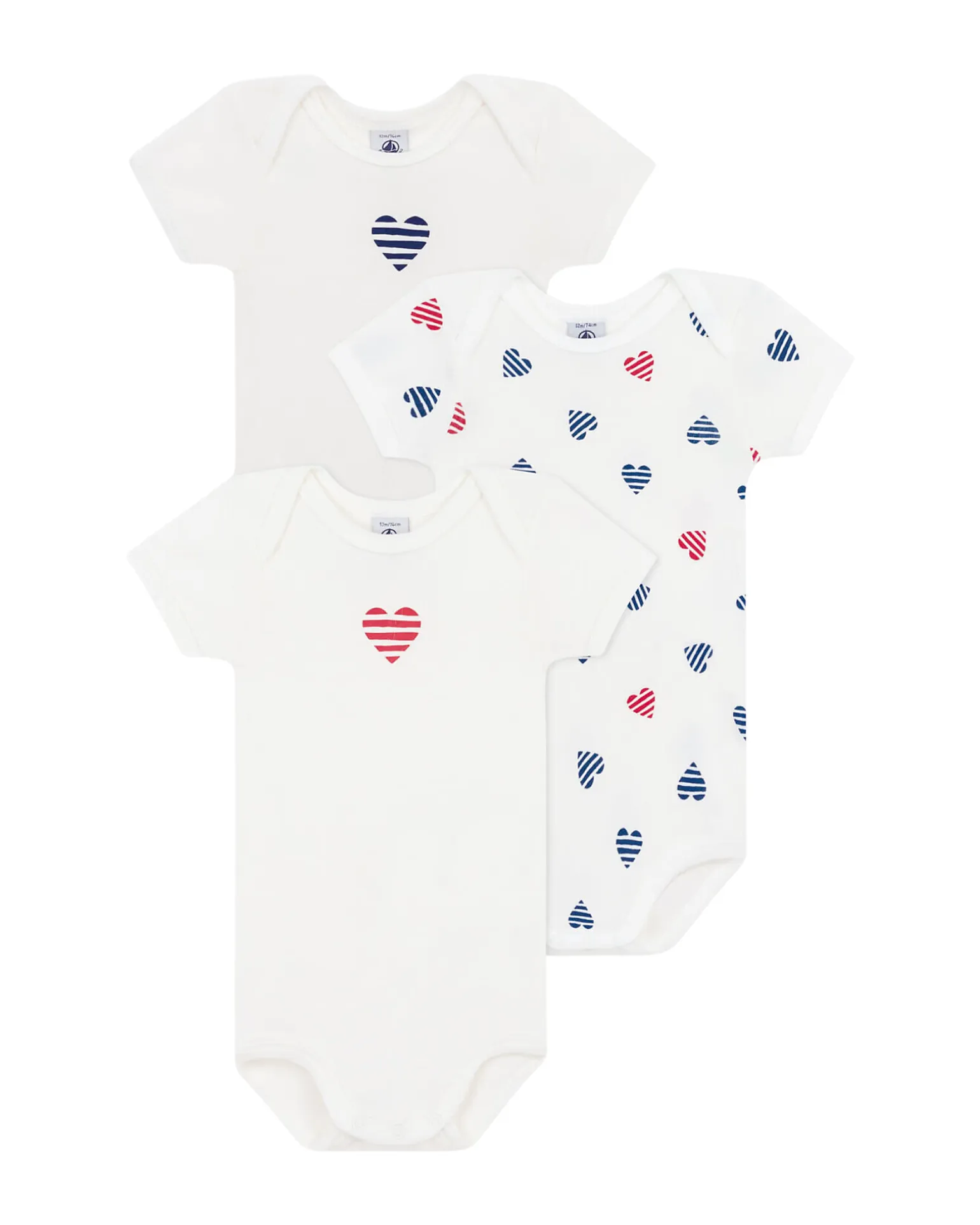Set 3 Body a Maniche Corte - Bianco - Cuori a righe - 100% Cotone