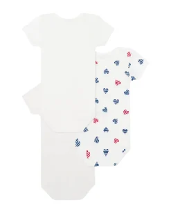 Set 3 Body a Maniche Corte - Bianco - Cuori a righe - 100% Cotone