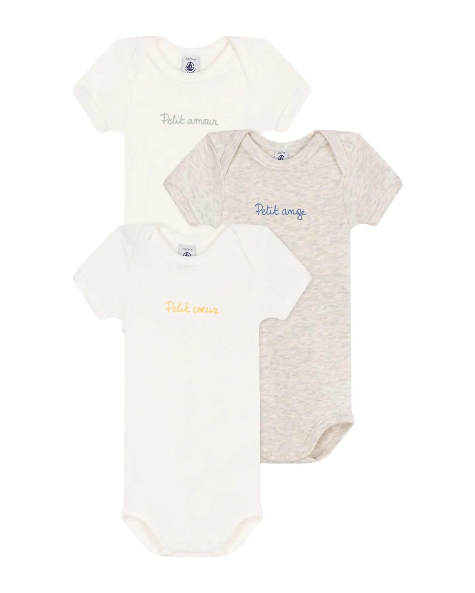 Set 3 Body a Maniche Corte - Bianco - Grigio - con Scritte - 100% Cotone