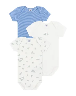 Set 3 Body a Maniche Corte - Bianco - Blu millerighe - Foche - 100% Cotone