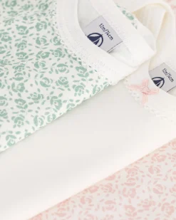 Set 3 Body a Maniche Corte - Bianco Rosa e Verde - Fiori - 100% Cotone