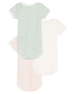 Set 3 Body a Maniche Corte - Bianco Rosa e Verde - Fiori - 100% Cotone