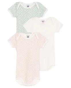 Set 3 Body a Maniche Corte - Bianco Rosa e Verde - Fiori - 100% Cotone