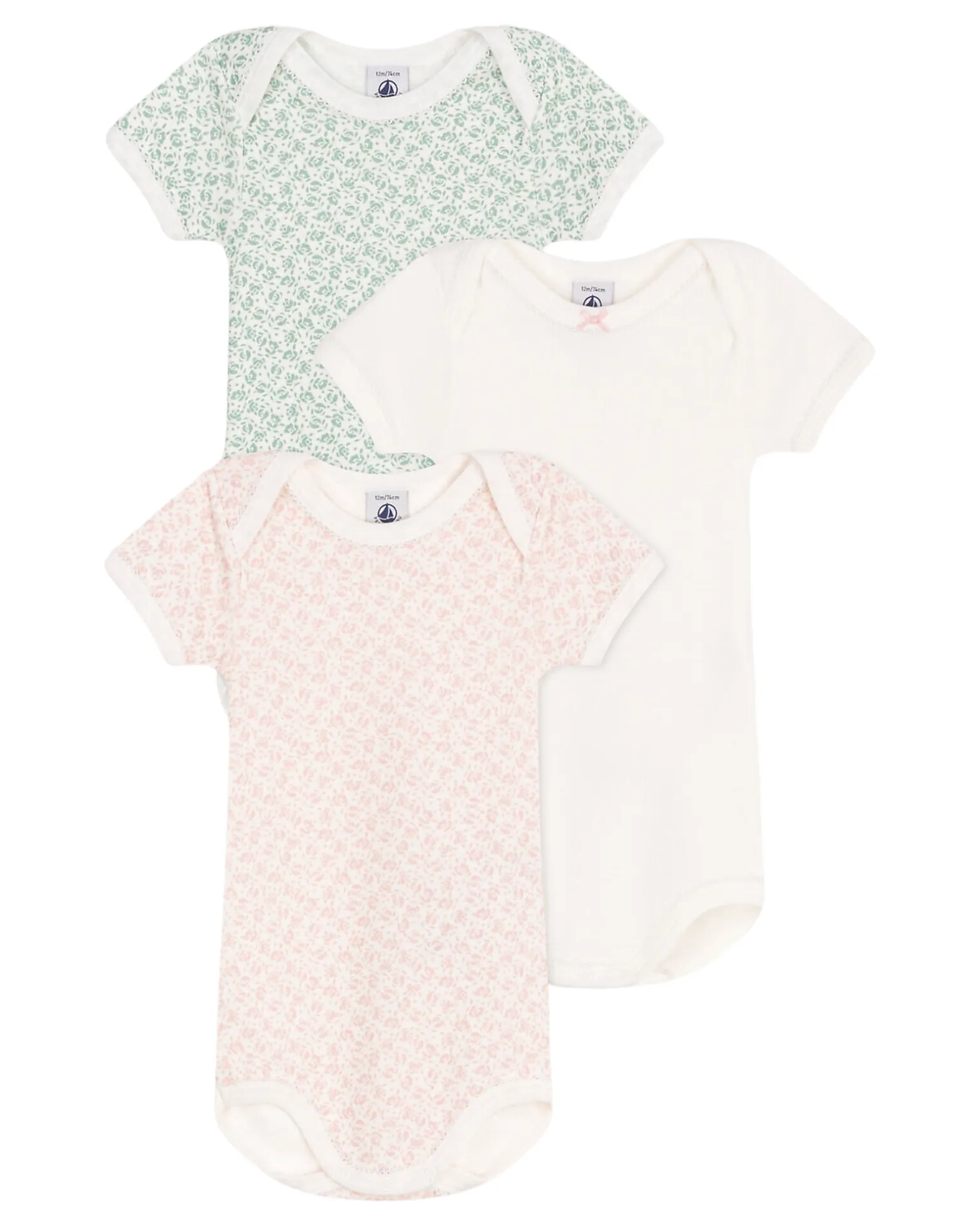 Set 3 Body a Maniche Corte - Bianco Rosa e Verde - Fiori - 100% Cotone