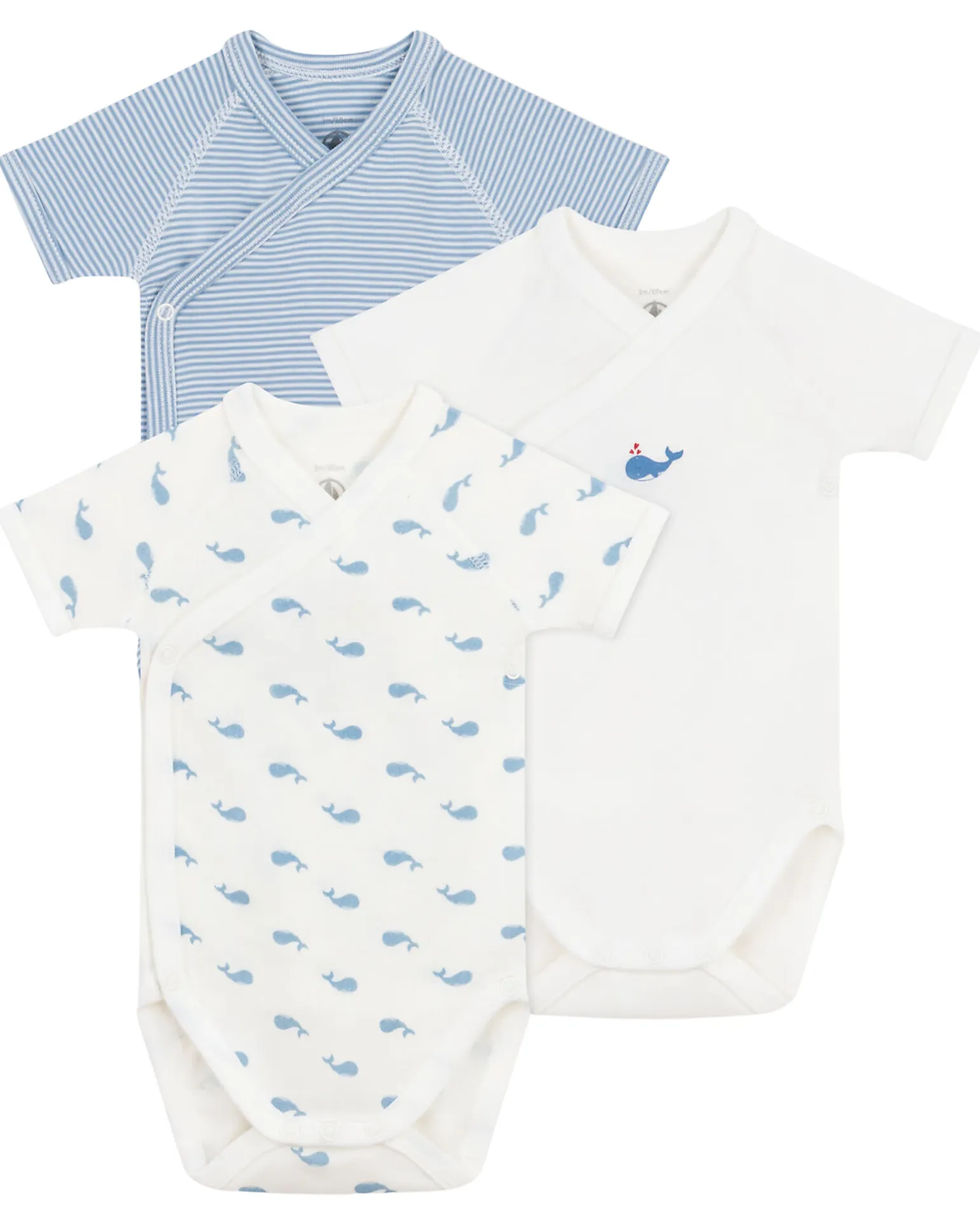 Set 3 Body a Maniche Corte - Bianco e Azzurro - Millerighe/Balene - 100% Cotone