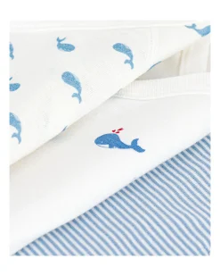 Set 3 Body a Maniche Corte - Bianco e Azzurro - Millerighe/Balene - 100% Cotone