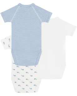 Set 3 Body a Maniche Corte - Bianco e Azzurro - Millerighe/Balene - 100% Cotone