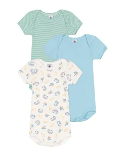 Set 3 Body a Maniche Corte - Bianco - Verde millerighe - Furgoni - 100% Cotone