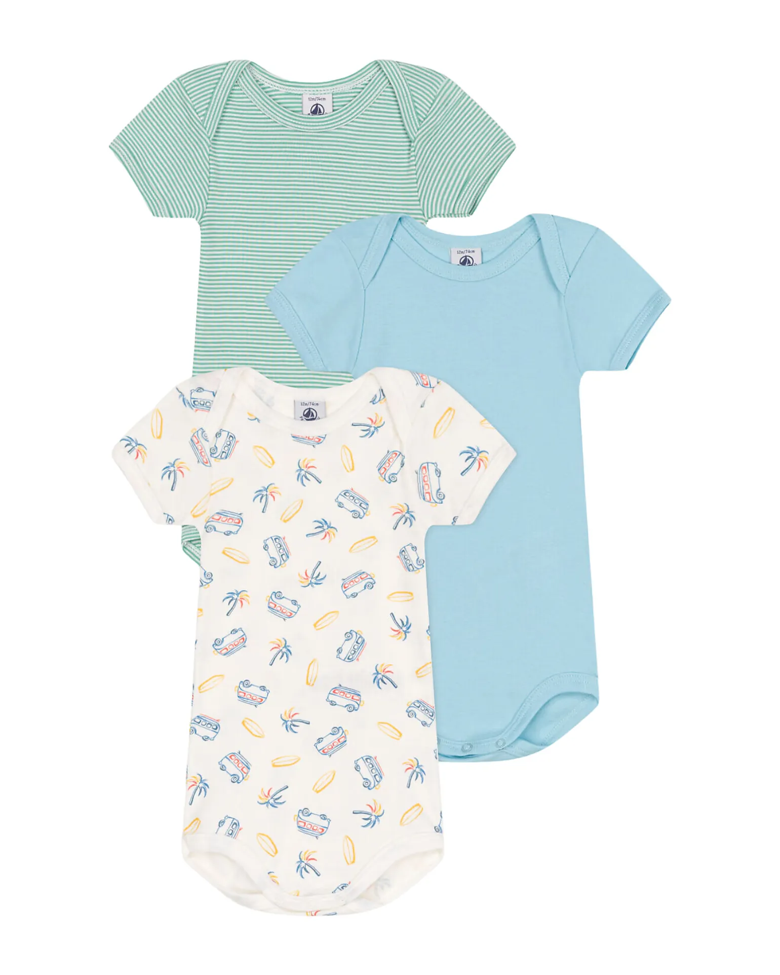 Set 3 Body a Maniche Corte - Bianco - Verde millerighe - Furgoni - 100% Cotone