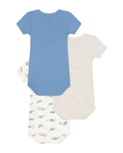 Set 3 Body a Maniche Corte - Grigio e Blu - Dinosauri - 100% Cotone