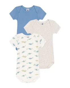 Set 3 Body a Maniche Corte - Grigio e Blu - Dinosauri - 100% Cotone
