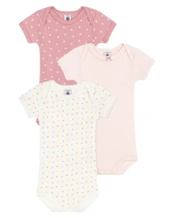 Set 3 Body a Maniche Corte - Rosa e Bianco - Cuoricini - 100% Cotone