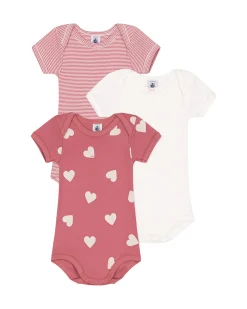 Set di 3 Body a Maniche Corte - Bianco - Rosa Millerighe- Cuori - 100% Cotone