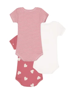 Set di 3 Body a Maniche Corte - Bianco - Rosa Millerighe- Cuori - 100% Cotone
