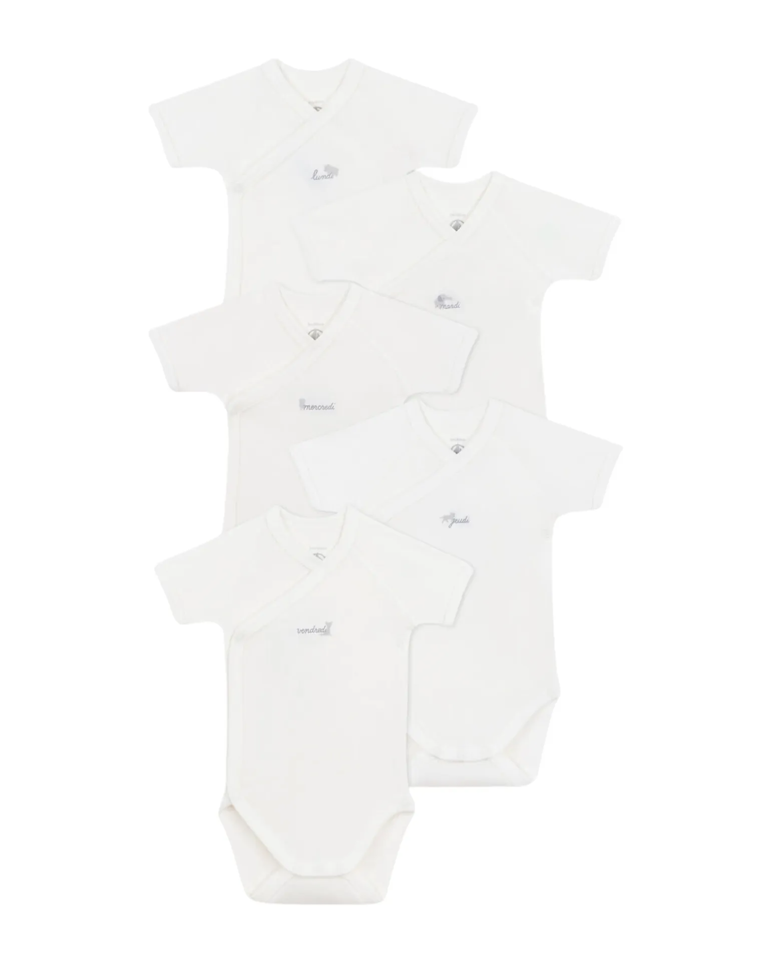 Set di 5 Body Incrociati a Maniche Corte - Bianco - Animali - Giorni della Settimana - 100% Cotone Bio