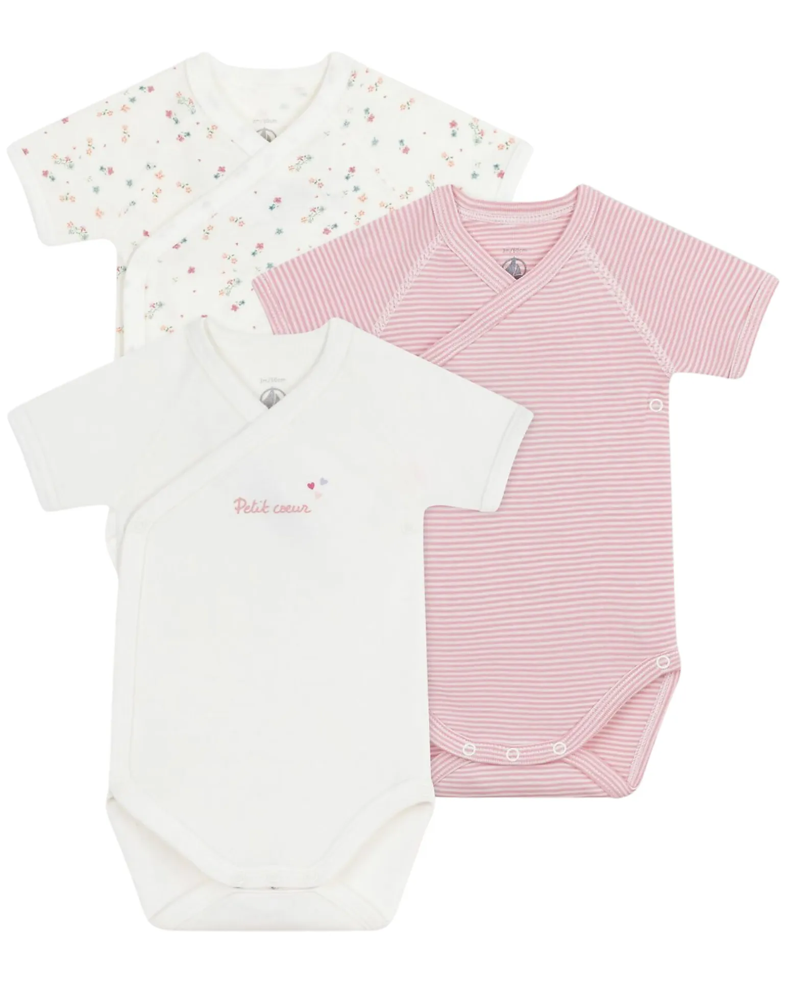 Set di 3 body incrociati a maniche corte - Bianco e Rosso - Millerighe - Stelle - 100% Cotone
