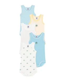 Set di 5 Body Senza Maniche - Bianco - Rosa - Blu - Rana - Blu Millerighe - 100% Cotone Bio