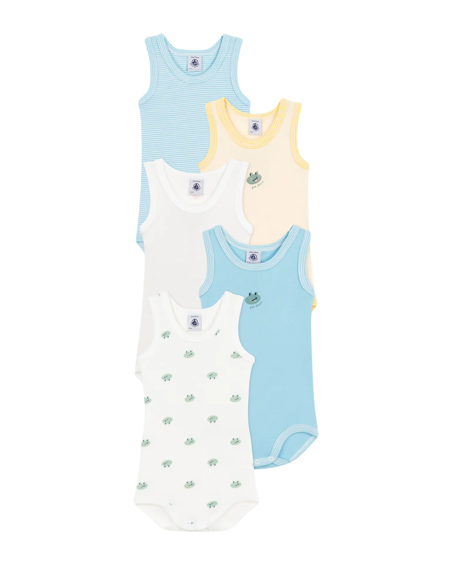 Set di 5 Body Senza Maniche - Bianco - Rosa - Blu - Rana - Blu Millerighe - 100% Cotone Bio