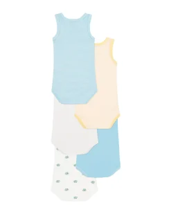 Set di 5 Body Senza Maniche - Bianco - Rosa - Blu - Rana - Blu Millerighe - 100% Cotone Bio