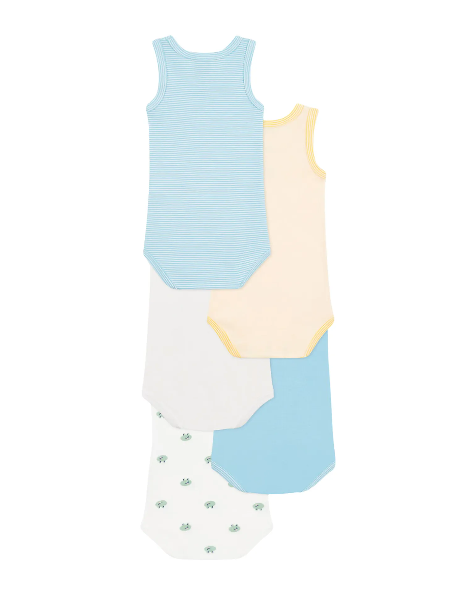 Set di 5 Body Senza Maniche - Bianco - Rosa - Blu - Rana - Blu Millerighe - 100% Cotone Bio