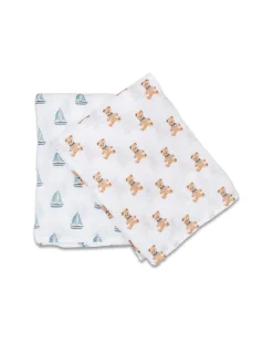 Set di 2 Copertine Swaddle 100 x 100 cm - Orsetto Vintage/Barca a Vela - 100% mussola di cotone