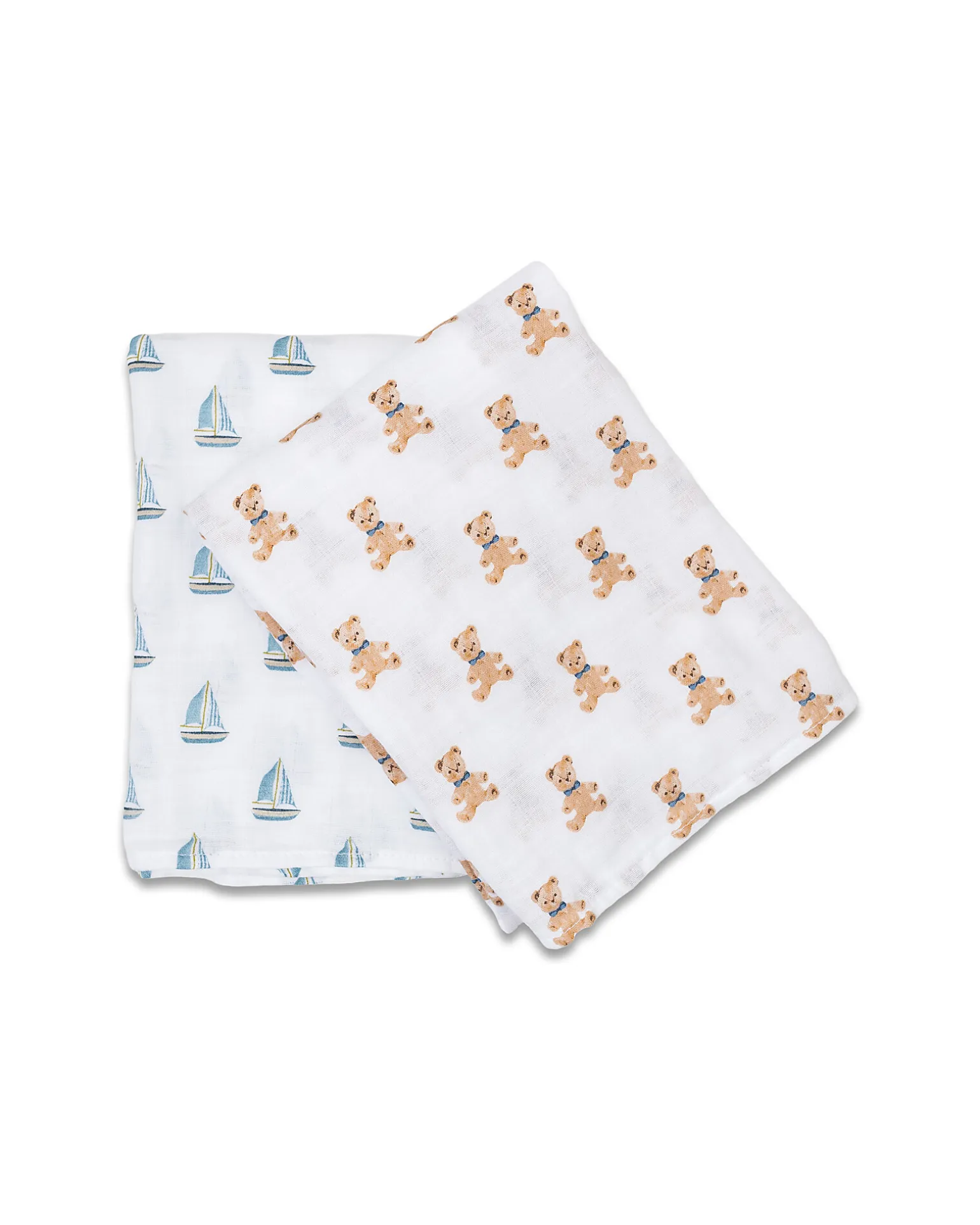 Set di 2 Copertine Swaddle 100 x 100 cm - Orsetto Vintage/Barca a Vela - 100% mussola di cotone