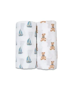 Set di 2 Copertine Swaddle 100 x 100 cm - Orsetto Vintage/Barca a Vela - 100% mussola di cotone