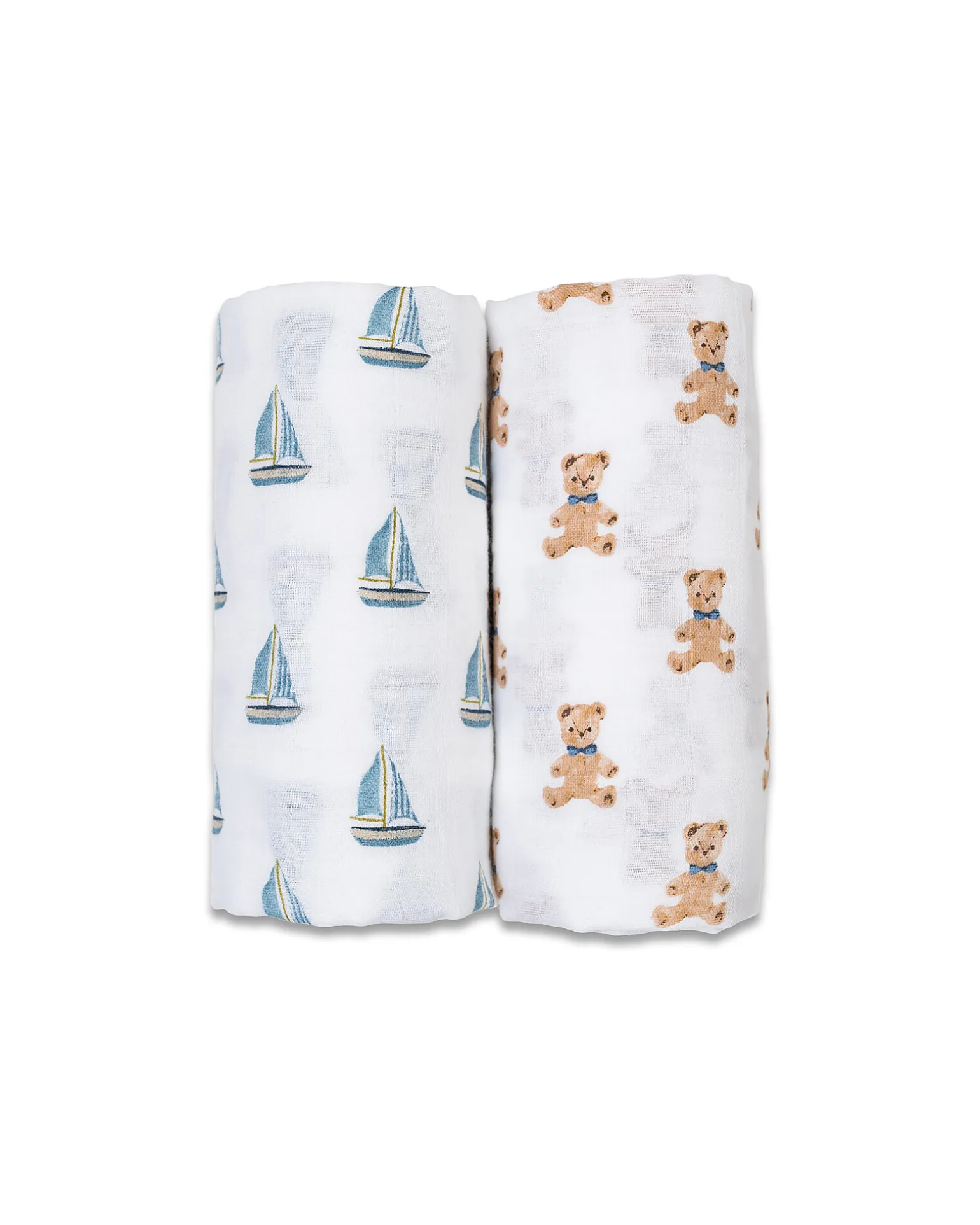 Set di 2 Copertine Swaddle 100 x 100 cm - Orsetto Vintage/Barca a Vela - 100% mussola di cotone