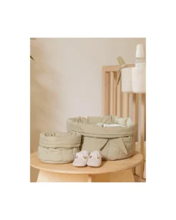 Set di due Cestini Trapuntati - Verde Oliva - 100% Cotone Organico GOTS - Bamboo Collection - Diametro 20 x 30 cm e 15 x 15 cm